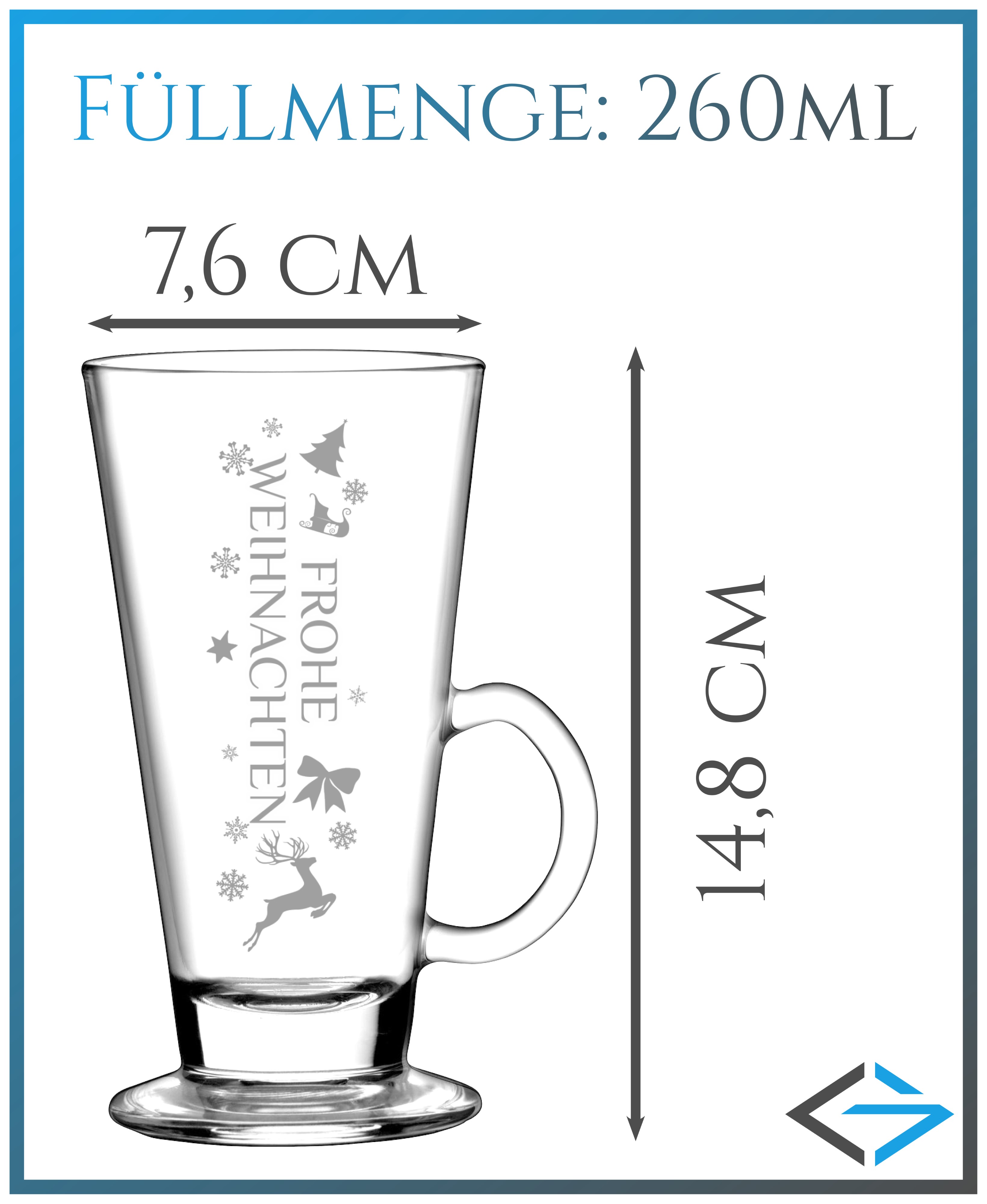 FROHE WEIHNACHTEN GLAS 6x - 265ml Glas für Glühwein  mit Lasergravur